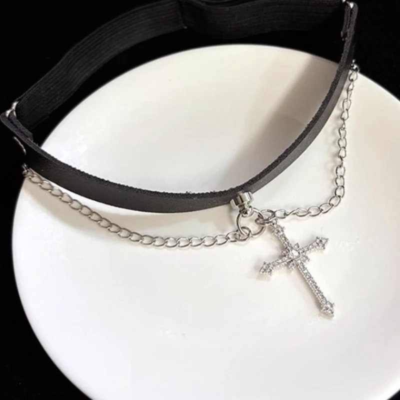 Gothic Punk Leather Leg Band with Silver Cross Chain & Rhinestones