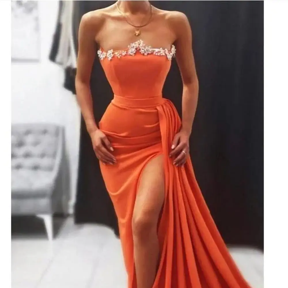 

Sexy Mermaid Evening Dress With Ruffle, Beading, Open Hem, High Sweep Train Prom Dress Birthday Ceremony Formal Party Dress