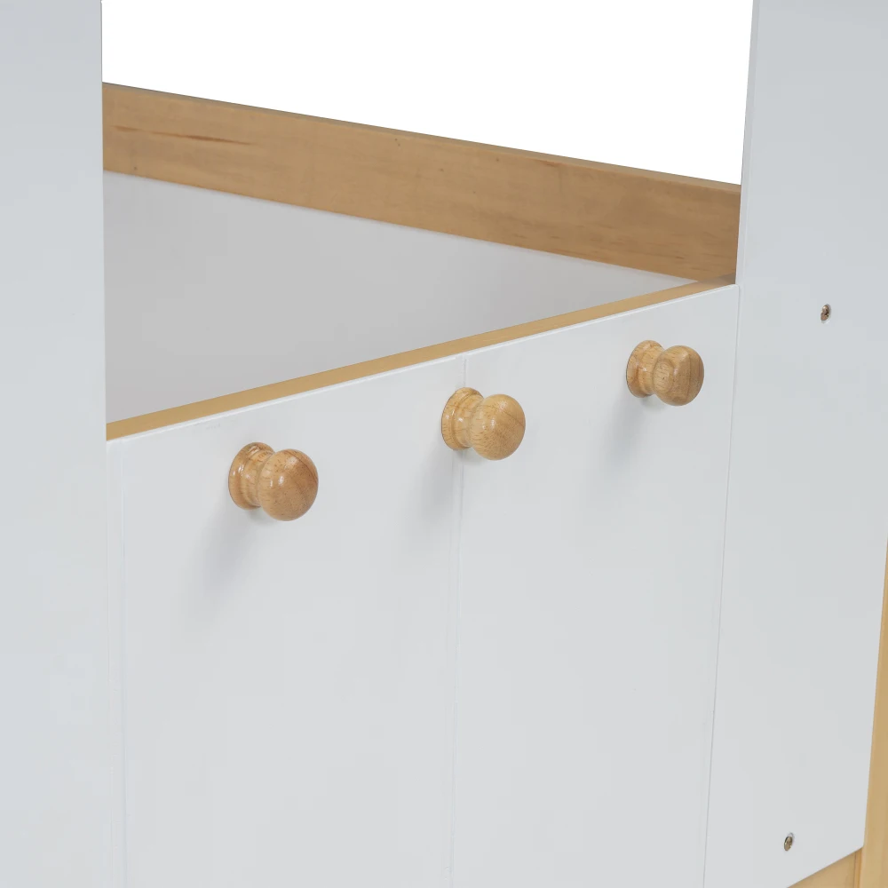 90 x 200 cm großes Schlafzimmer-Halbhochbett, Hausbett mit Dach und Fenster, vierseitiger Zaun, mit 4 Schubladen und kleinen Treppen, Weiß + Natur – Detail 26