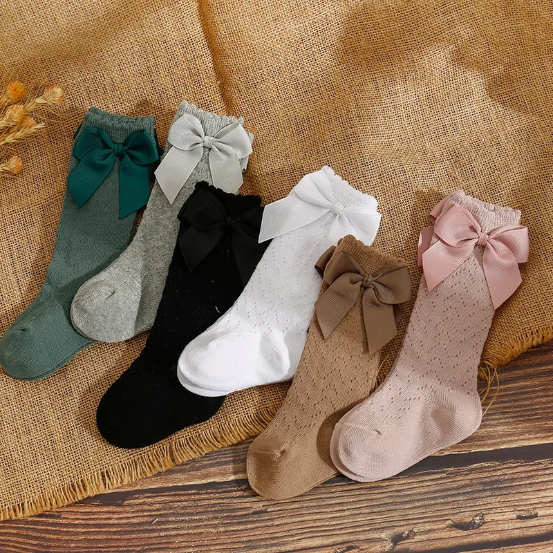 New Summer Bow Baby Girls Socks Toddler Long Sock Infant Knee High Cotton Mesh calzini traspiranti stile spagnolo per 0-5 anni