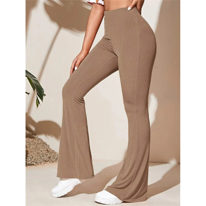 Women Summer Full Length Elastic Waist Yoga Pants Sexy Slim High Waist Wide Leg Long Trousers Casual Solid Knitted Flare Pants - Image 6