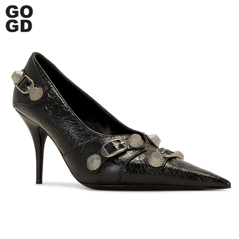 

GOGD Brand Fashion Women's High Heels New 2023 Spring Metal Decoration Thin Heels Pointed Toe Sexy Party Shoes Design Elegant