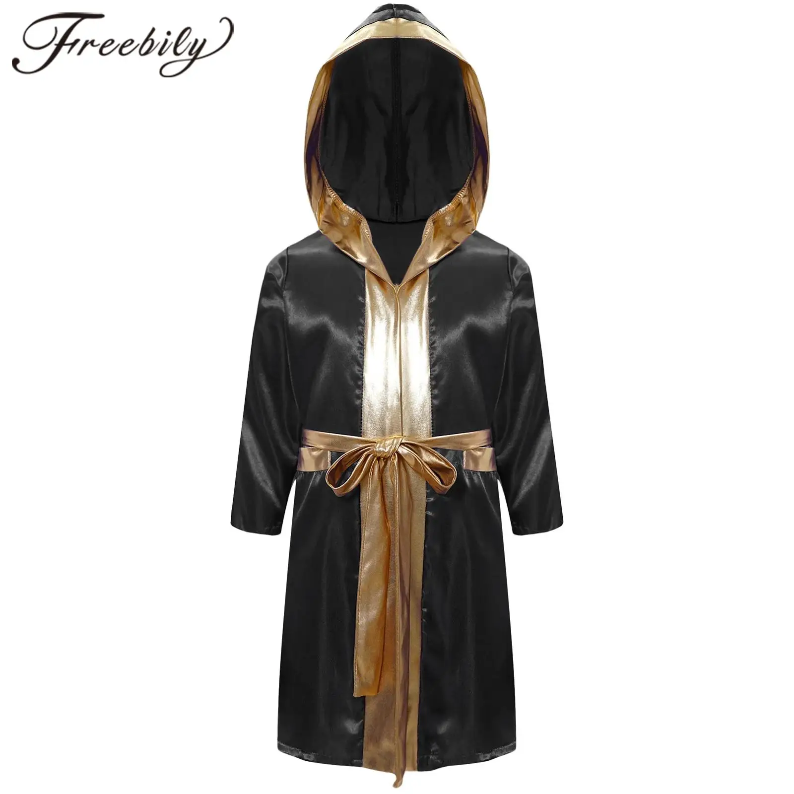 Kids Boys Boxing Robe Thai Kickboxing Costume Long Sleeve Open Front Hoodie Cloak with Belt Halloween Workout Fitness Clothes boxing robes