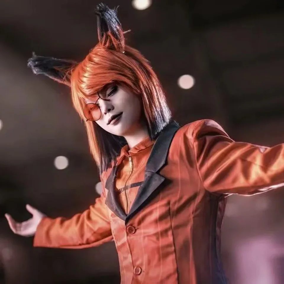 AKZKQKER Peluca De Anime Alastor Con Orejas De Cuernos De Diablo, Cadena De Gafas De Monóculo Rojo Para Disfraces