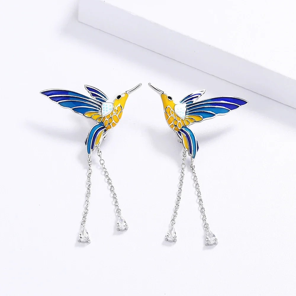 Pendant Earrings Long Earrings Crystal Tassel Earrings Bird Pendant Earrings Color Epoxy Tassel Long Earrings Handmade Enamel Women's Jewelry
