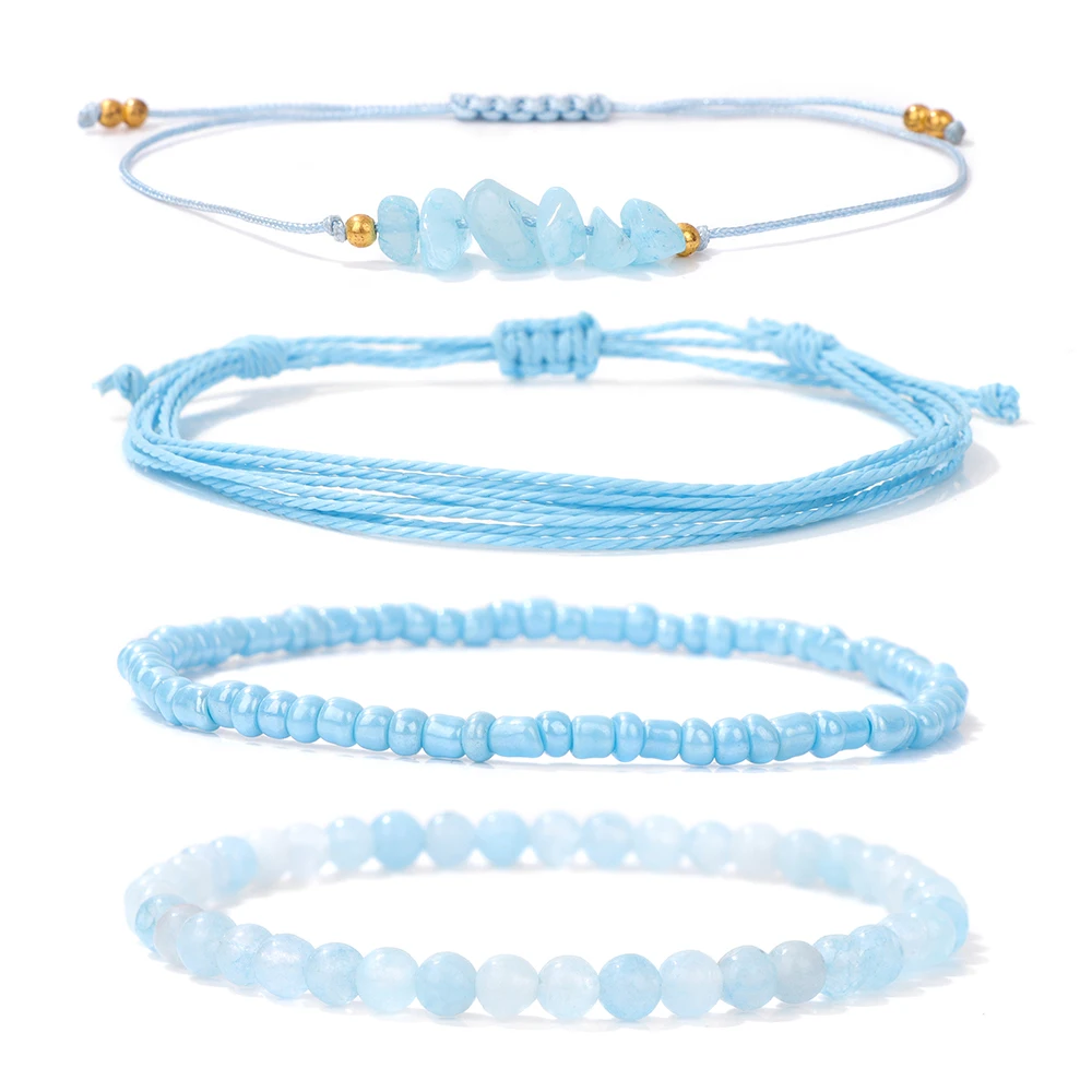 Natürliche Aquamarine Stein Perlen Seil Armband Handgemachte 4 teile/satz Multi-Schicht Schnur String Surfer Armbänder Für Frauen Männer Schmuck
