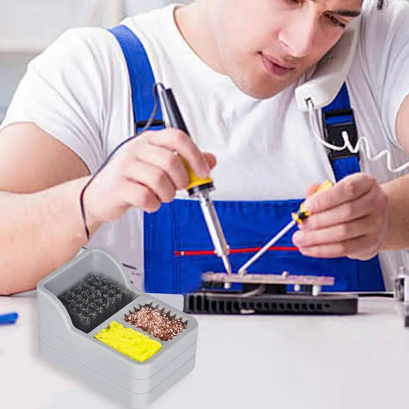 Soldering Iron Tip Cleaner Portable Solder Tip Cleaner Kit Soldering Accessories With Silicone Holder Dense Cleaning Steel Brush 3