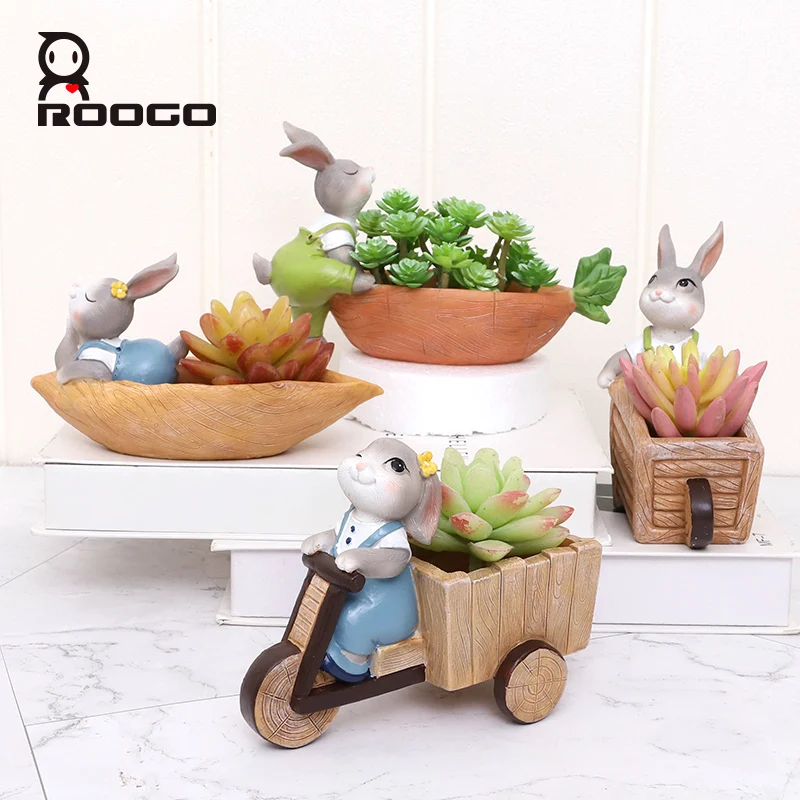 

Roogo Cute Harvesting Bunny Shape Succulent Plant Cartoon Resin Figurine Rabbit Flower for Desktop Garden Balcony pots