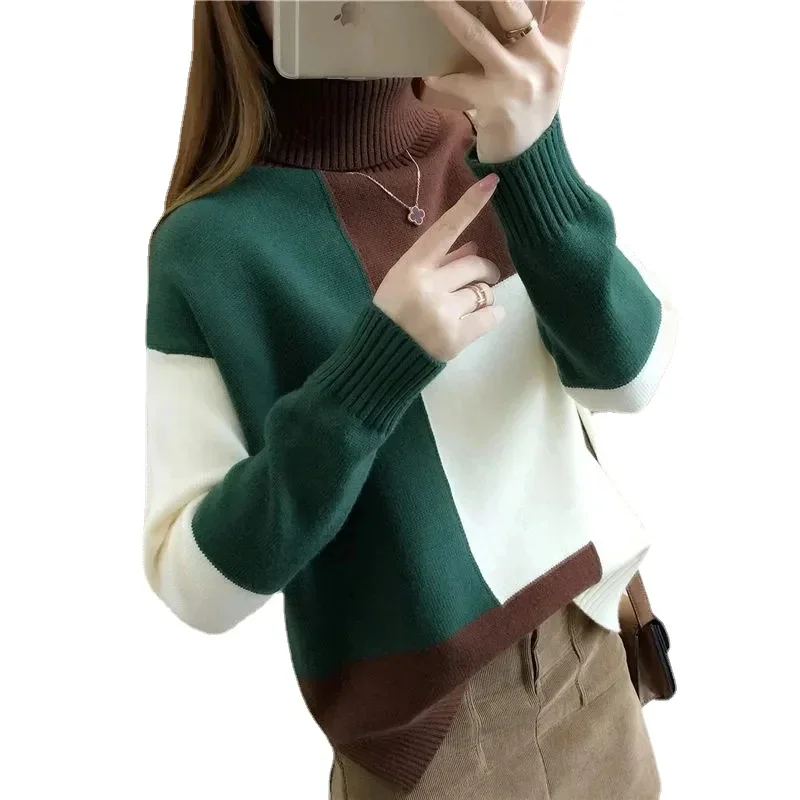 

Women's Sweater 2023 New Autumn Winter Color Blocking Loose Sweaters Long Sleeve Turtleneck Jumper Soft Warm Pull Femme