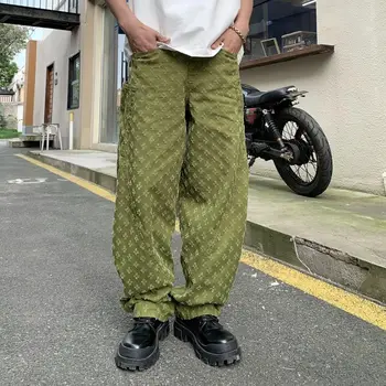 Y2K جينز بنمط الجاكار مخصص للرجال عتيق منقوش ملابس الشارع الشهير جينز فضفاض للرجال سراويل مستقيمة فضفاضة للرجال - Image 2
