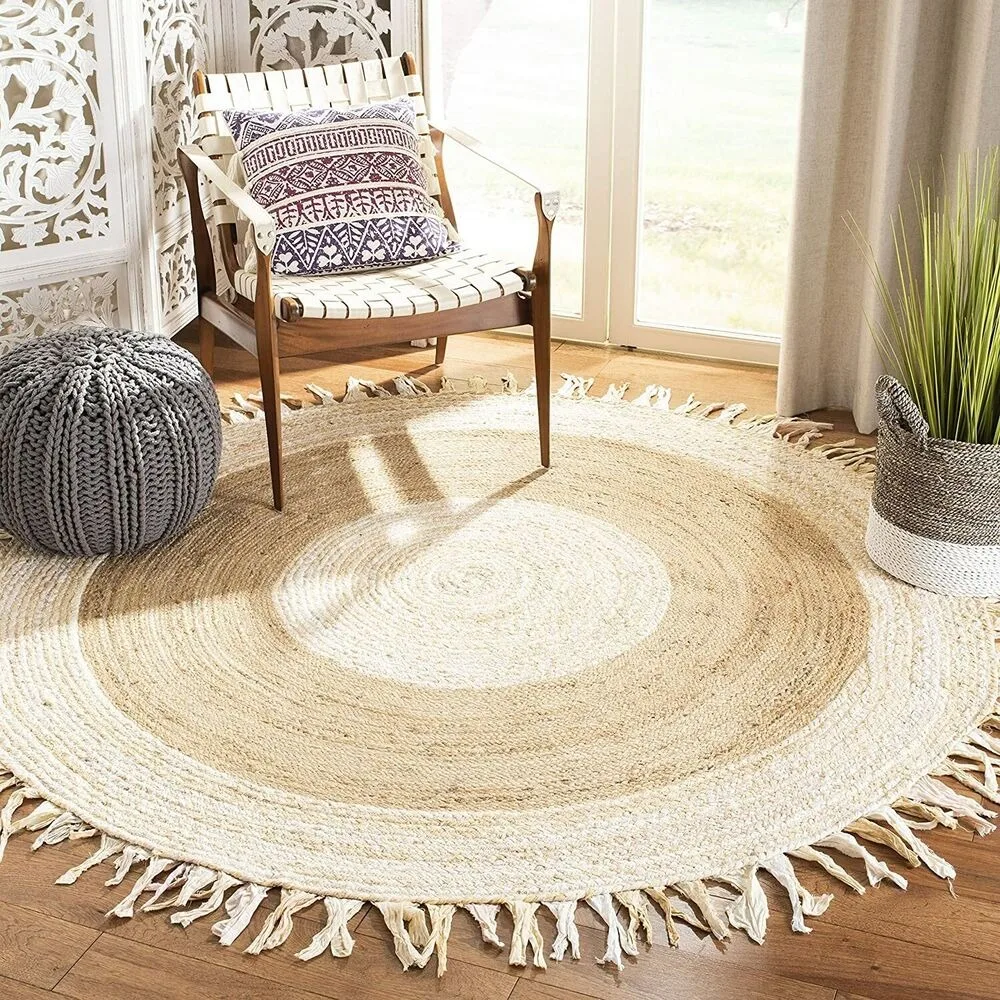 

Hand Woven Rug Natural Jute & Cotton Tassels Braided Carpet for Living Room Hallway Floor Mat Modern Bedroom Area Rug Home Decor