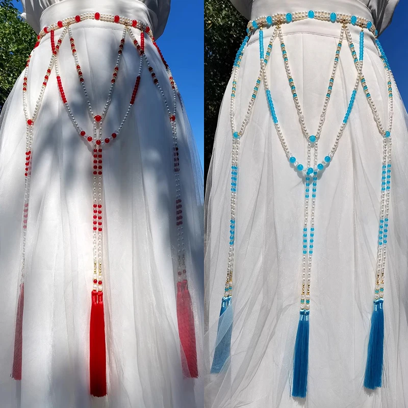 

Long Beading Hanfu Waist Chain Pearl Tassels Belly Lace-up Sash Tang Song Dynasty Chinese Traditional Ancient Women Accessories