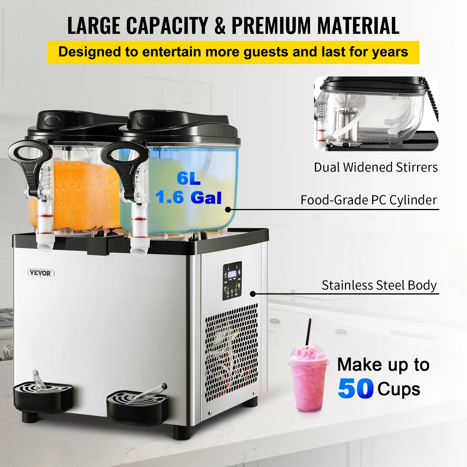 VEVOR Commercial Slushy Machine 6L x 2 Tanks 50 Cups Stainless Steel Margarita Smoothie Frozen Drink Maker for Bars and Home Use