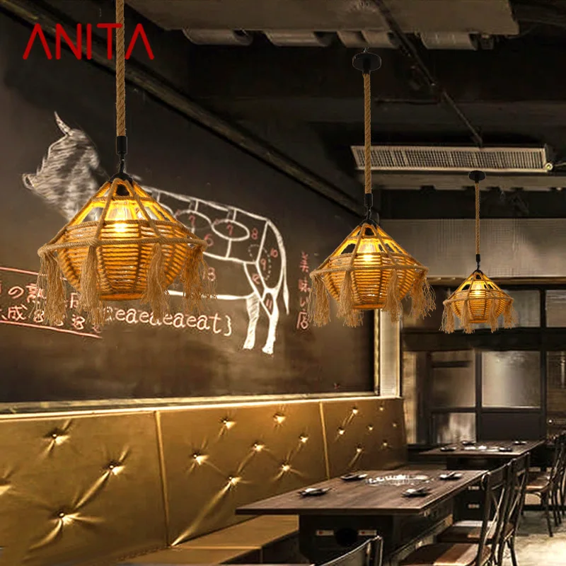 

ANITA American Style Retrohemp Rope Chandelier Nostalgic Loft Industrial Style Internet Cafe Restaurant Hot Pot Shop Pendant