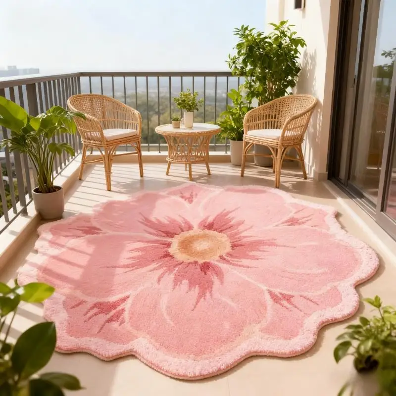 VIKAMA Rosa Kamelien-Plüschteppich Weicher Sofa-Teppich Wohnzimmer Bettvorleger Dekorativer Teppich Flauschiger Teppich zur Raumgestaltung – Detail 4