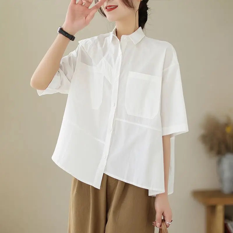 Summer POLO Collar Fashion Short Sleeve Shirt Women High Street Cotton Hemp Button Cardigan Pockets Patchwork Asymmetrical Tops