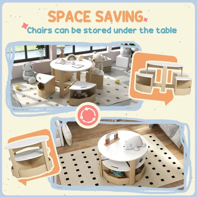 White 5-Piece Kids Table and Chairs Set with Storage for Art, Drawing, Playroom, Classroom, Nursery