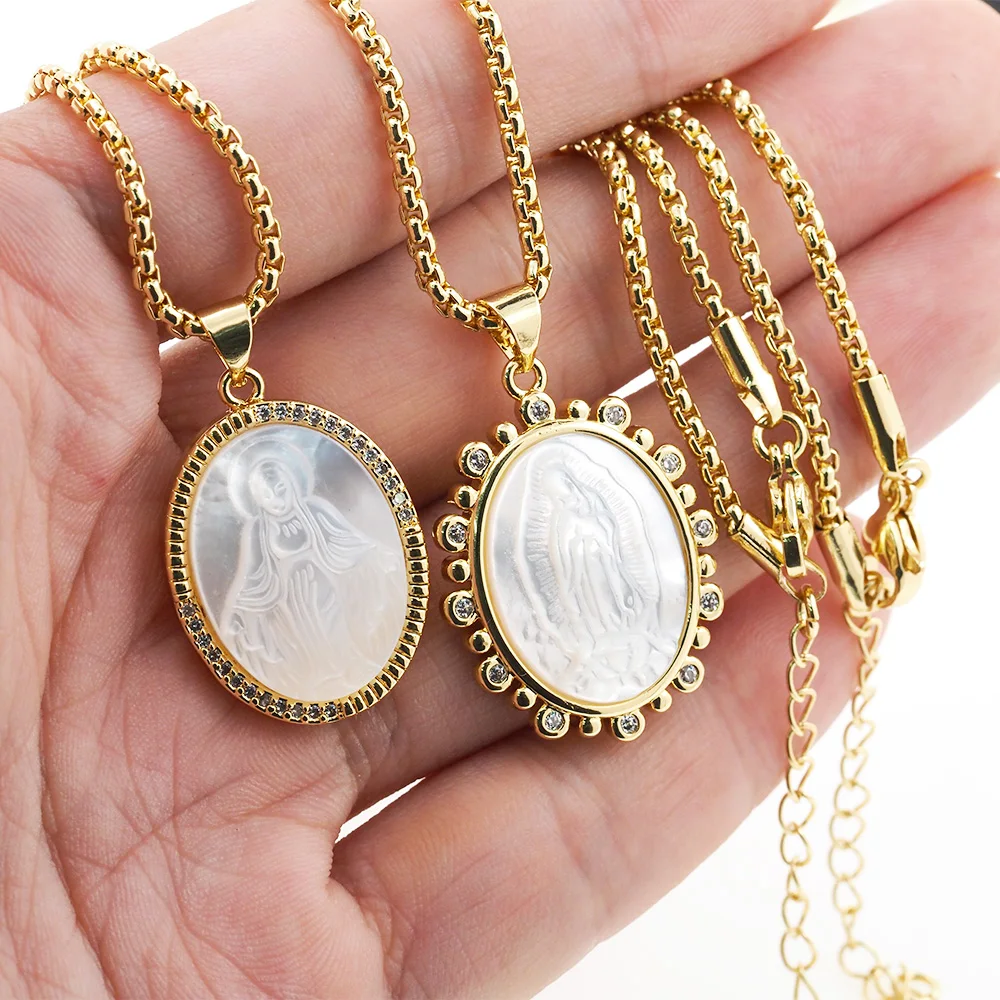 

Vintage Christian Jesus Shell Pendant Necklace Oval Gold Plated Zircon Charm Religious Jewelry Gift For Women