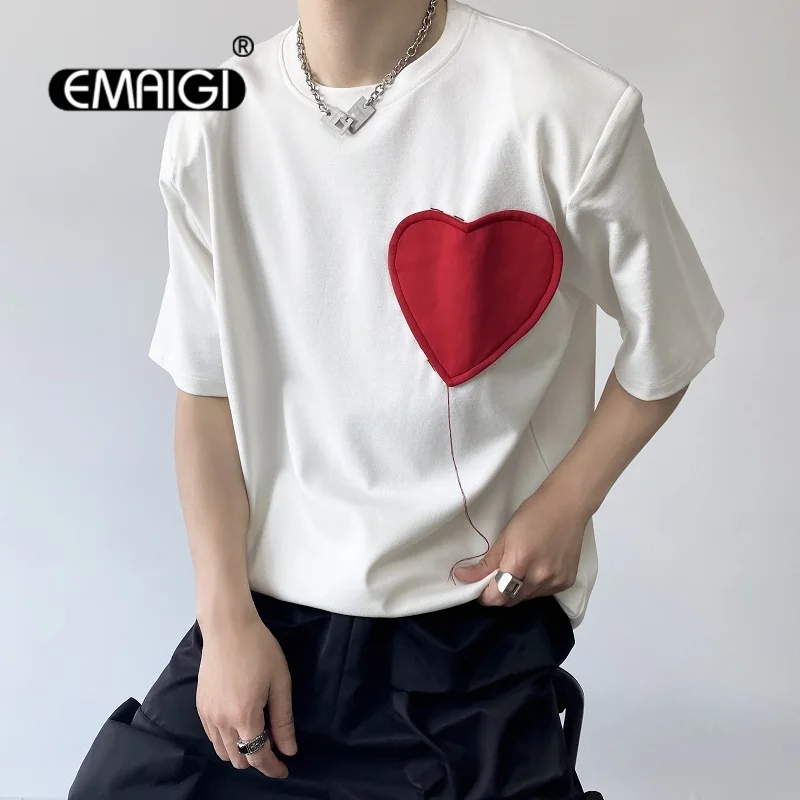 

Summer Heart Patch Shoulder Pad T-shirt Men Japan Korean Streetwear Fashion Loose Short Sleeve Tshirt Male Women Tee Shirt