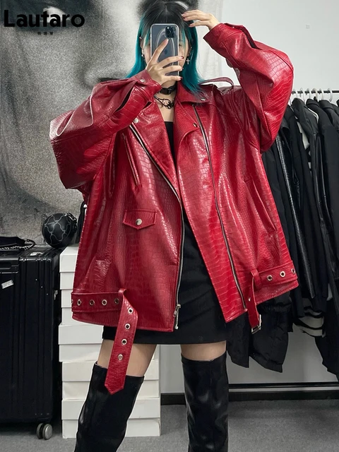 Lautaro Spring Autumn Oversized Red Shiny Crocodile Pattern Leather Biker  Jacket Women Long Sleeve Zipper Belt Cool Fashion 2022 - Faux Leather -  AliExpress