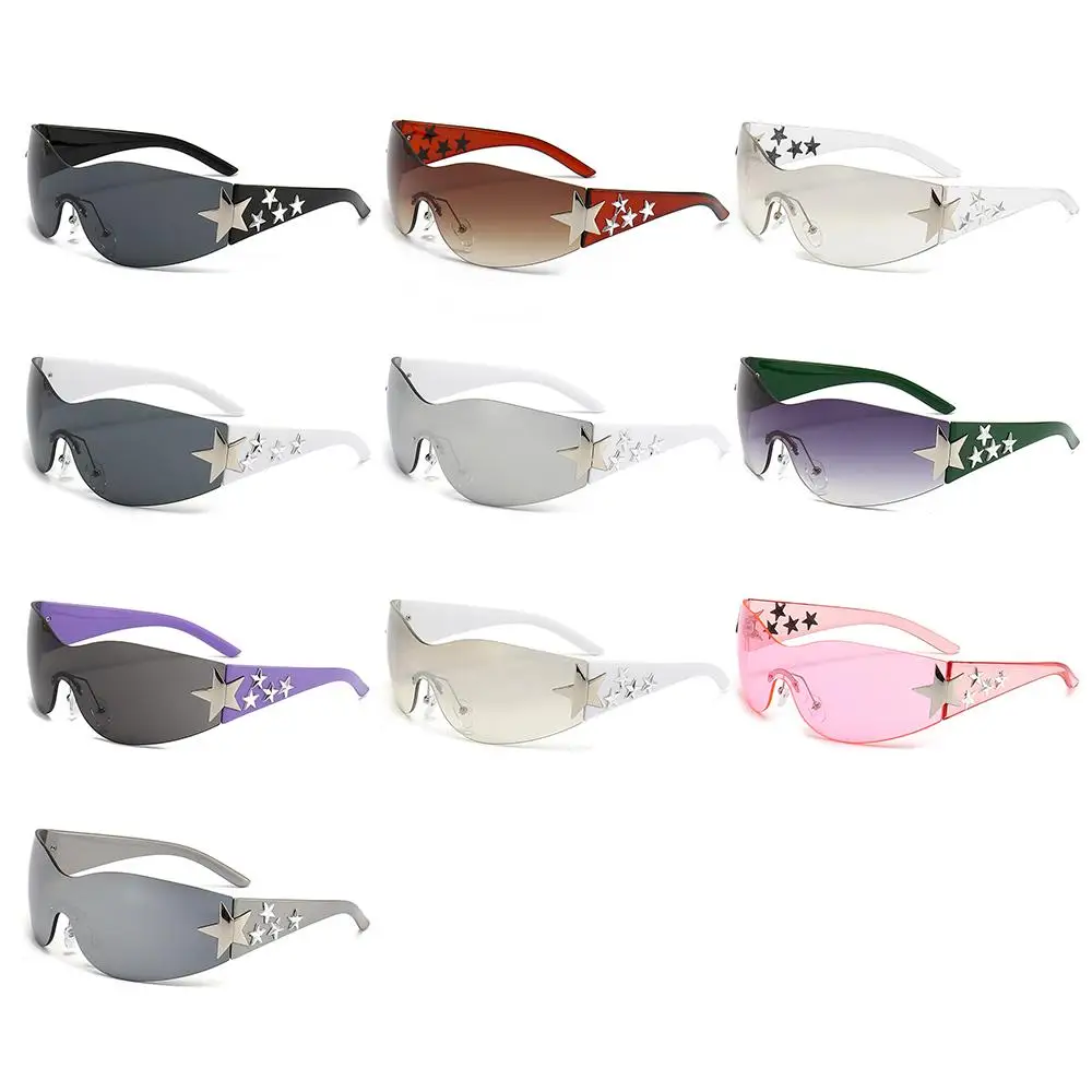 Trendige Sonnenbrillen für Damen und Herren mit UV400-Schutz, Coole Wrap-Around-Brille mit Sternendekor, Randlose Y2K-Sonnenbrille – Detail 12