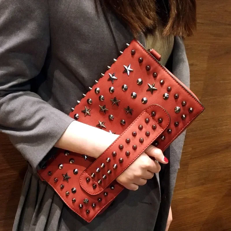 

Rivet Women Day clutch bag Drand design ladies Clutches PU leather Shoulder bag for female Luxury party lady evening bag handbag