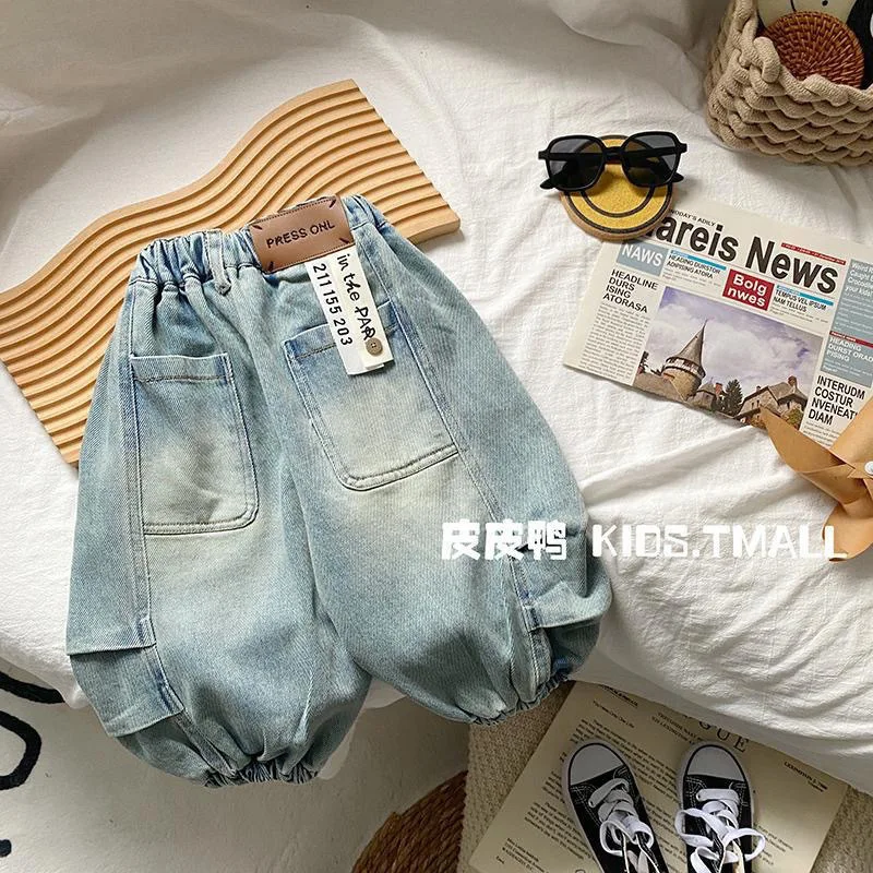 Spring Autumn Children Boys Jeans Cotton Letter Sticker Infant Babys Boys Denim Pants Loose Retro Water-washed Toddler Boy Pants
