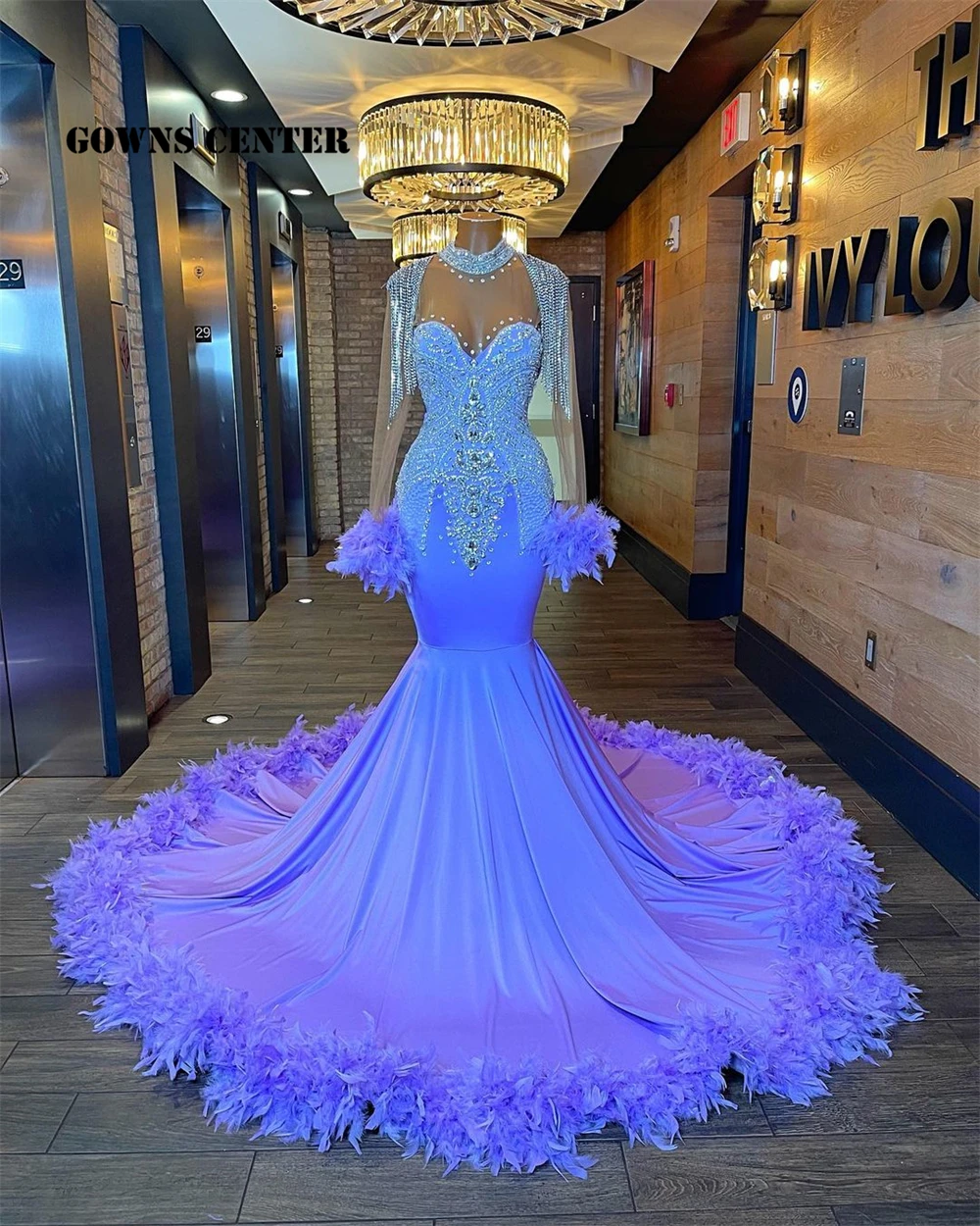 Light Purple Feathers Long Sleeve Prom Dresses For Black Girls Mermiad