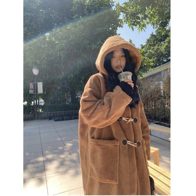 2022 Winter Long Women Cotton Padded Hoodies Lamb Wool Medium Length Warm Thicken Parka Fluffy Overcoat