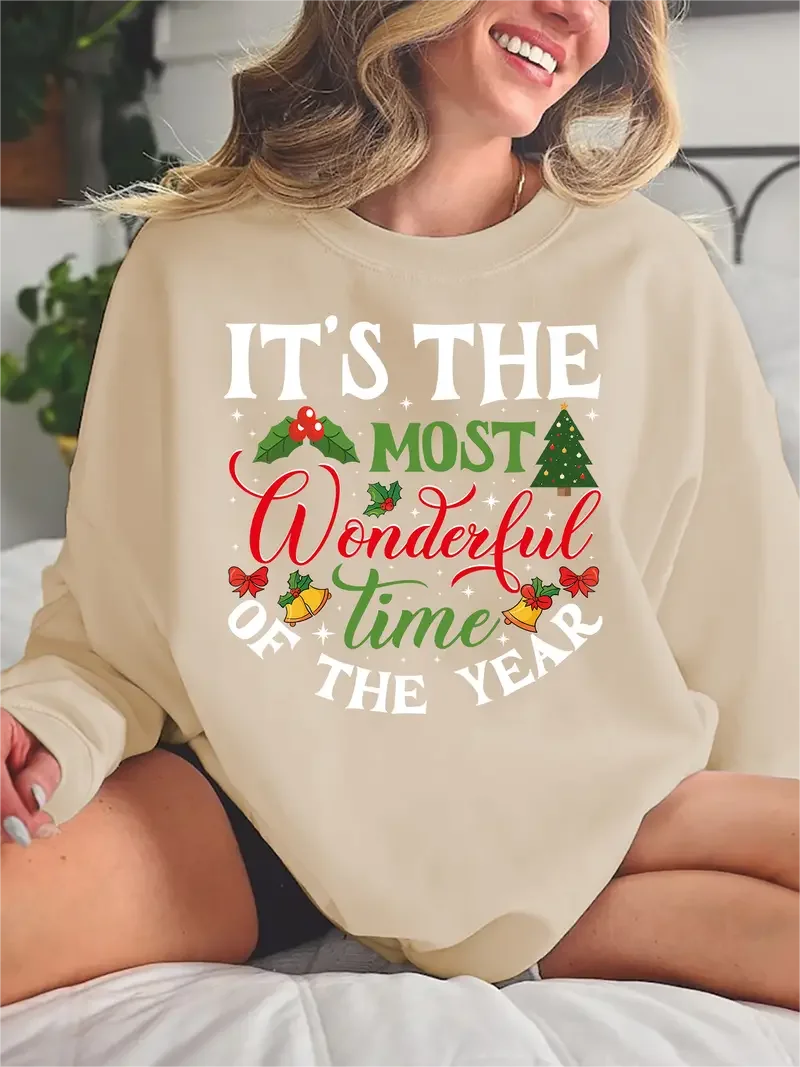 Christmas Letter Tree Print Sweatshirt Cute Long Sleeve Crew Neck Sweatshirt Women's Clothing