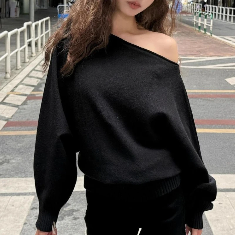 Batwing Long Sleeve Knitted Pullover Women 380g Thick Off Shoulder Top Korean Fashion Sweater Loose Casual Autumn Outwear Pull