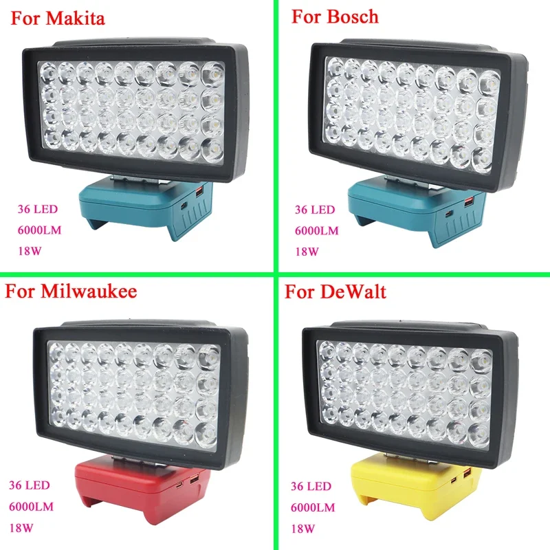 36 LED Car Work Light Flashlight Torch USB Power Bank For Makita For DeWalt Bosch Milwaukee HongSong Li-ion Battery Lamp