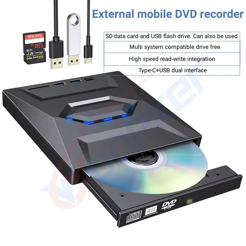 USB3.0 Type C External CD DVD VCD Optical Drive 3-in-1 Multi-Function SD Card U