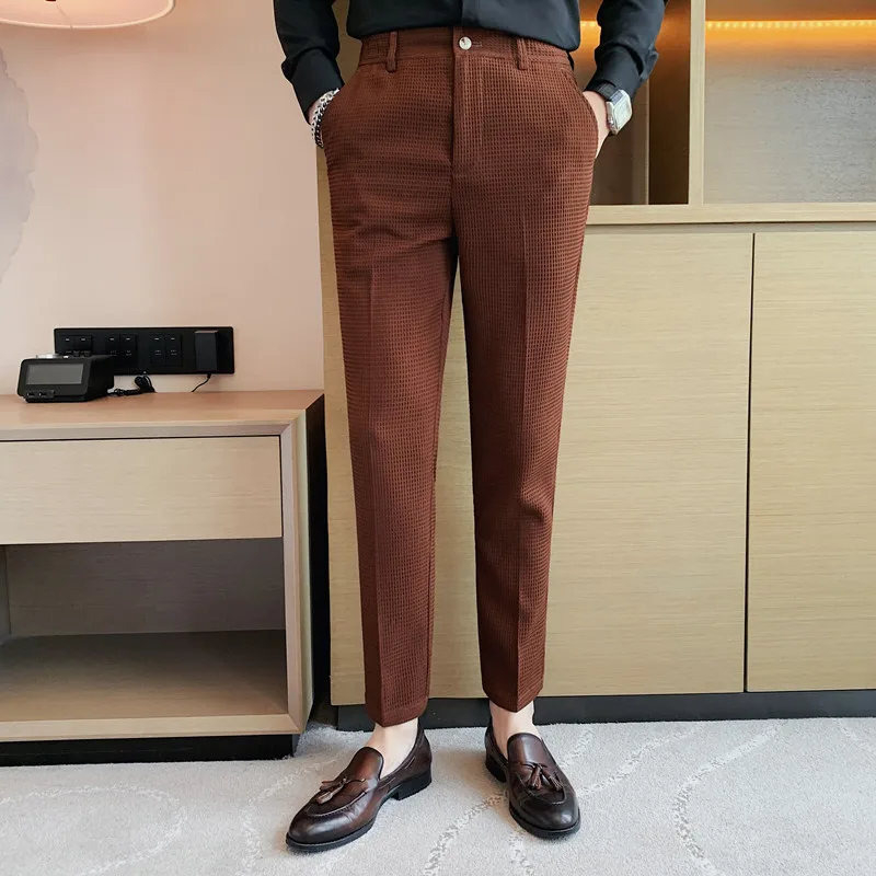 2024 Autumn New Waffle Stretch Waist Business Formal Pants Men Fashion Wedding Slim Trouser Mens Brand Social Party Suit Pants 4
