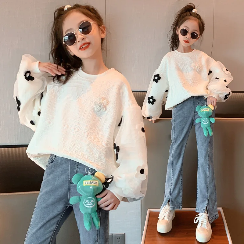 

New Autumn Fashion Children Sweatshirt with Flower Clothes Cute Kids Girls Solid Color Korean Sweatshirt Teenager School Tops