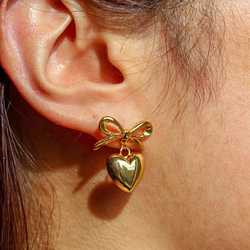 Thick PVD Love Heart Pendant Drop Earrings 18K Gold Plated Bow Knot Non Tarnish Earring Summer Popular Daily Jewelry Gift Bijoux