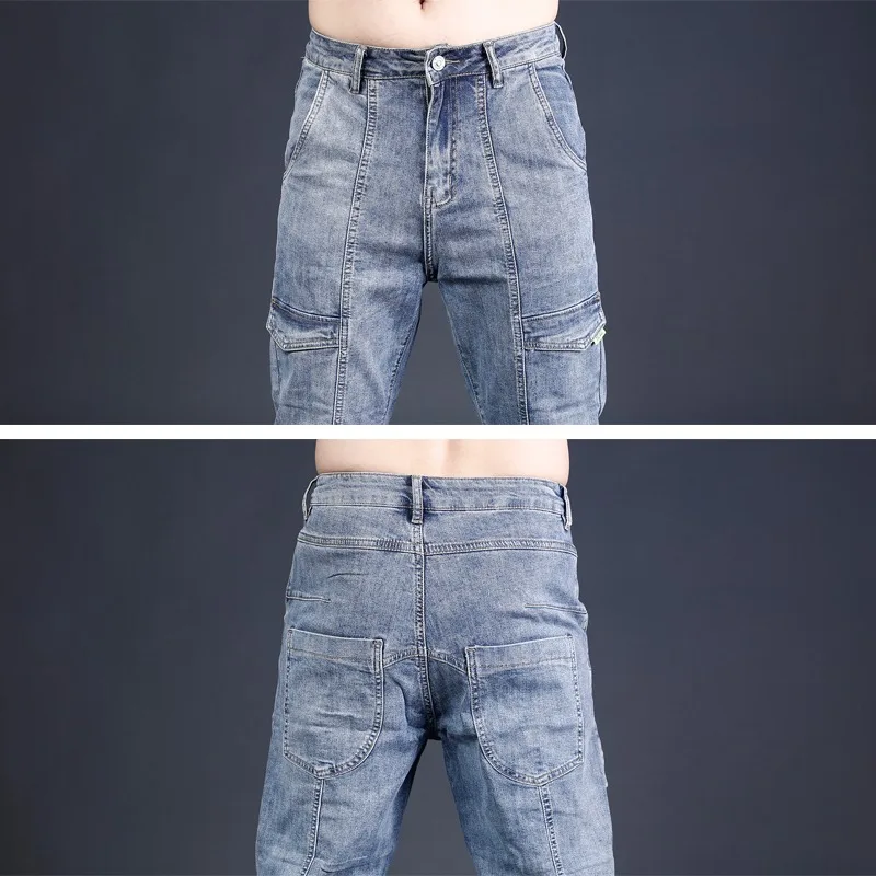 Cargo Jeans Men Summer Slim Fit Ankle-Length Pants Streetwear Fashion Casual Blue Patchwork Denim Trousers