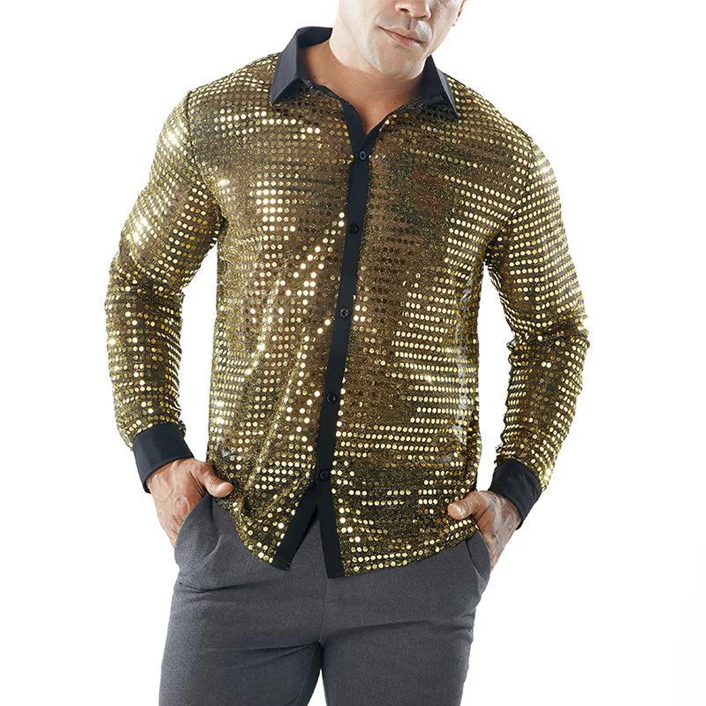 

Mens Fashion Holographic Shiny Sequins See Through Mesh Costumes Shirts Clubwear Evening Dance Performance Top Shirt Clothing