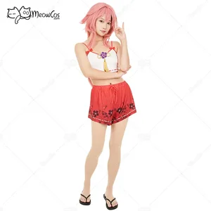 Meowcos Women Yae Miko Derivative Two-piece Homewear Short Top and Pants Set with Side Clip Lingerie Sleepwear Sexy Costumes