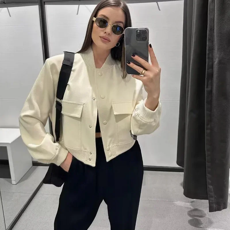 ASDS woman bomber jacket coat White autumn winter button baseball aviator cropped jackets for women long sleeve crop outerwear 4