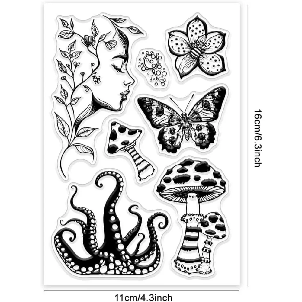 1pc Dark Magic Elements Clear Stamps Mushroom Tentacle Silicone Clear Stamp Seals Butterfly Flower People Transparent Stamps clear stamps,clear rubber stamps