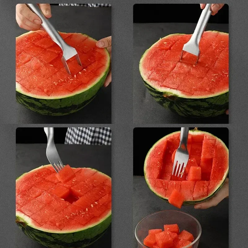1pc Multi-purpose Portable 2In1 Watermelon Fork Slicer Watermelon Slicer Cutter Knife Stainless Steel Kitchen Fruit Cutting Fork