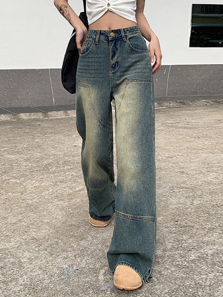 

99-107cm Length Y2K Capris Pants Women Wide Leg High Waist Denim Pants Girls Jeans Boyfriend Pocket Trousers Blue Jeans Trendy