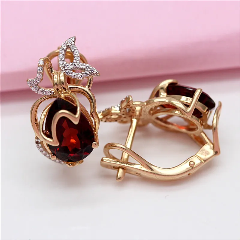 585 purple gold inlaid geometric water drop ruby earrings for women 14K rose gold plated crystal butterfly ear buckle jewelry