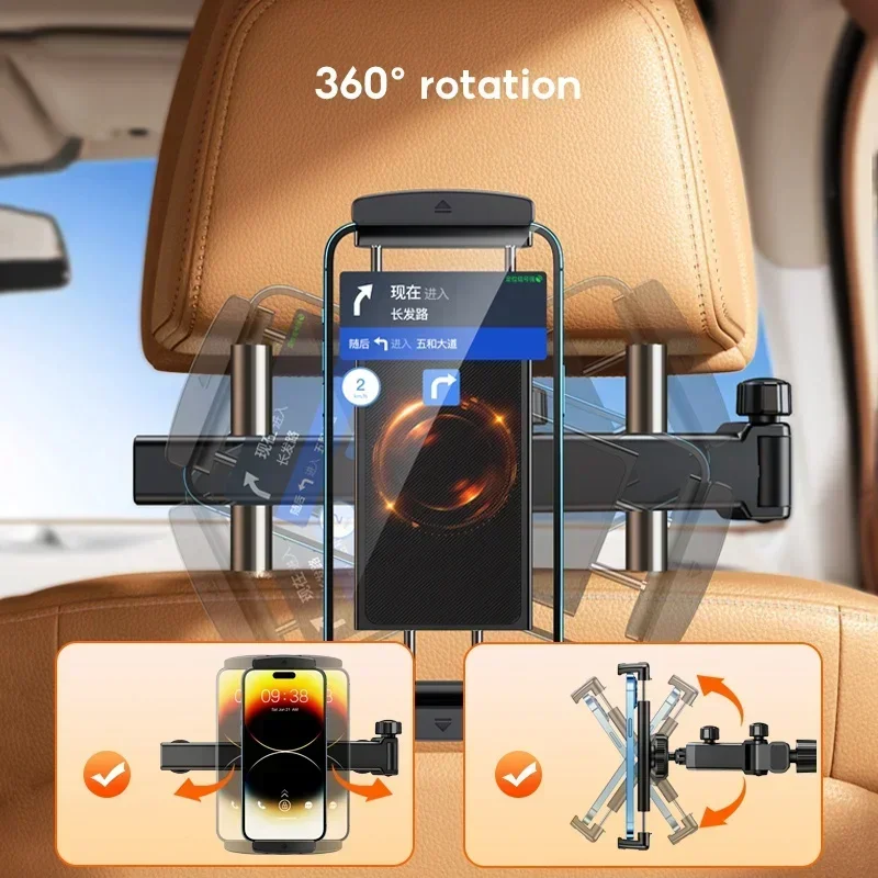Eary Car Headrest Tablet Holder Mount Back Seat With 360°Rotate Phone Stand 2 Hooks Trip Essentials for Kids for 4.7-12.9 Inch