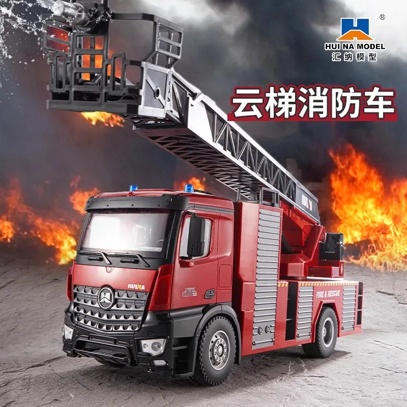 New 1:18 Hui Na Toys 9-Channel Semi-Alloy Remote Control Engineering Vehicle Red Fire Climbing Rescue Truck Children's Toy Gift