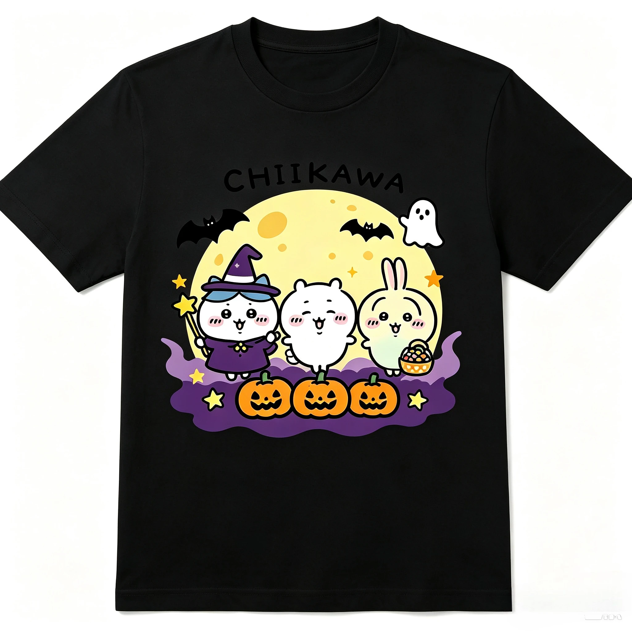 Chiikawa Halloween Kürbis-Hexe Grafik T-Shirt Kurzarm Freizeit-Oberteil für die gruselige Jahreszeit Anime-Fan Feiertagsparty Alltagskleidung