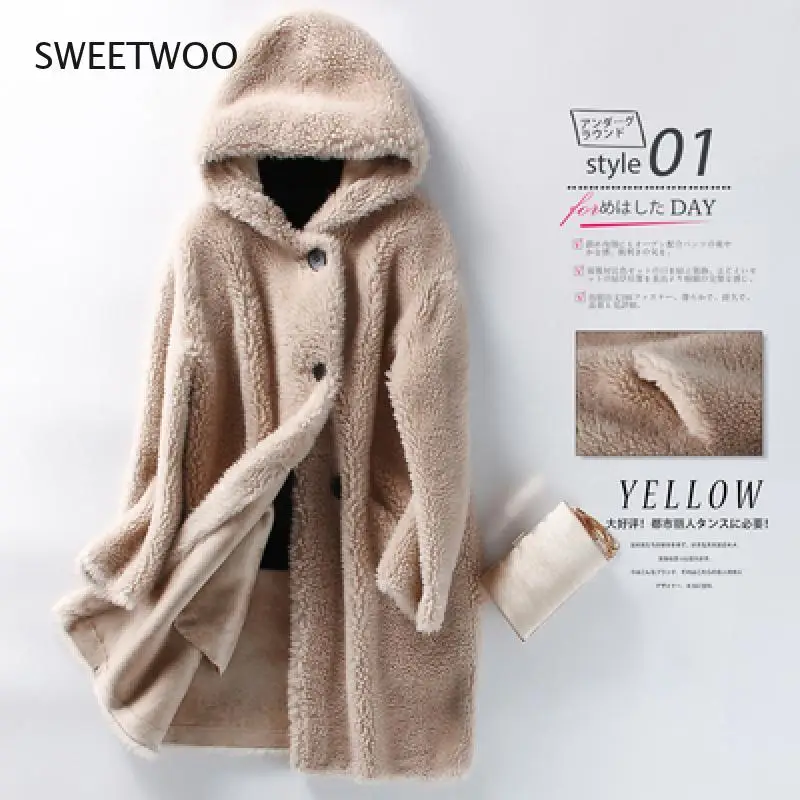 Women Winter New Lamb Fur Coat Female Korean Hooded Granule Sheep Shearing Jacket Loose Mid-Length Warm Outerwear Ladies 2022