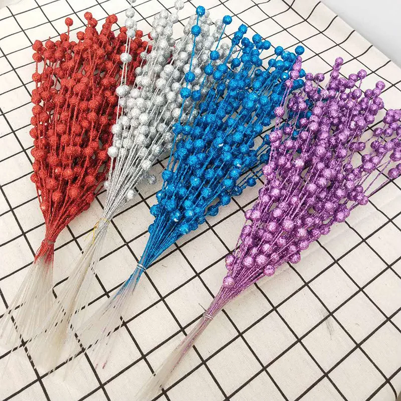 Artificial Flowers Christmas Berry Golden Branch Fake Plants Stem Tree Wreath DIY Home Christmas Wedding Decor Table Craft Gifts