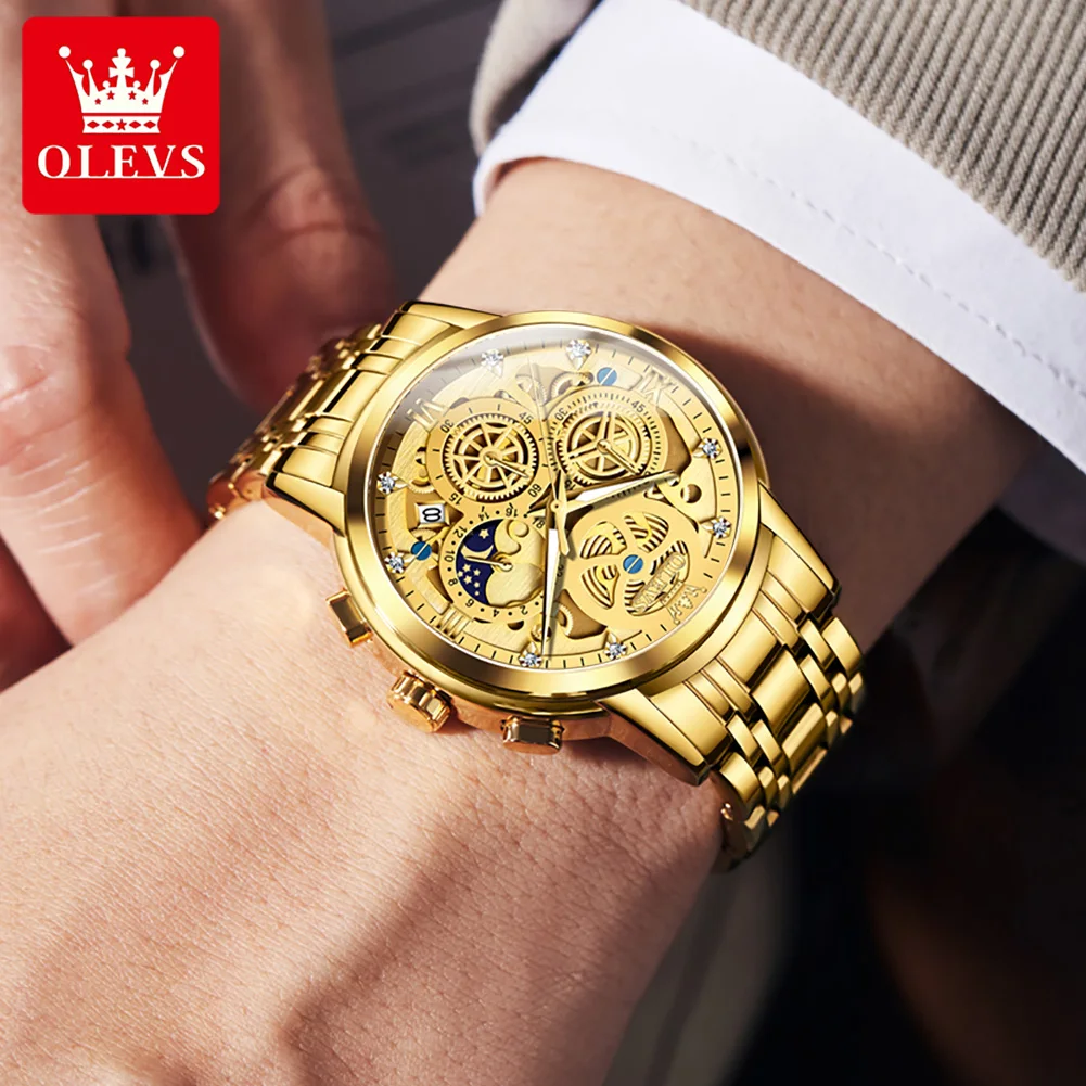 OLEVS 9947 Watch For Men Original Waterproof Luminous Business Quartz Wistwatch 42mm Big Dial Stainless Steel Calendar Man Watch